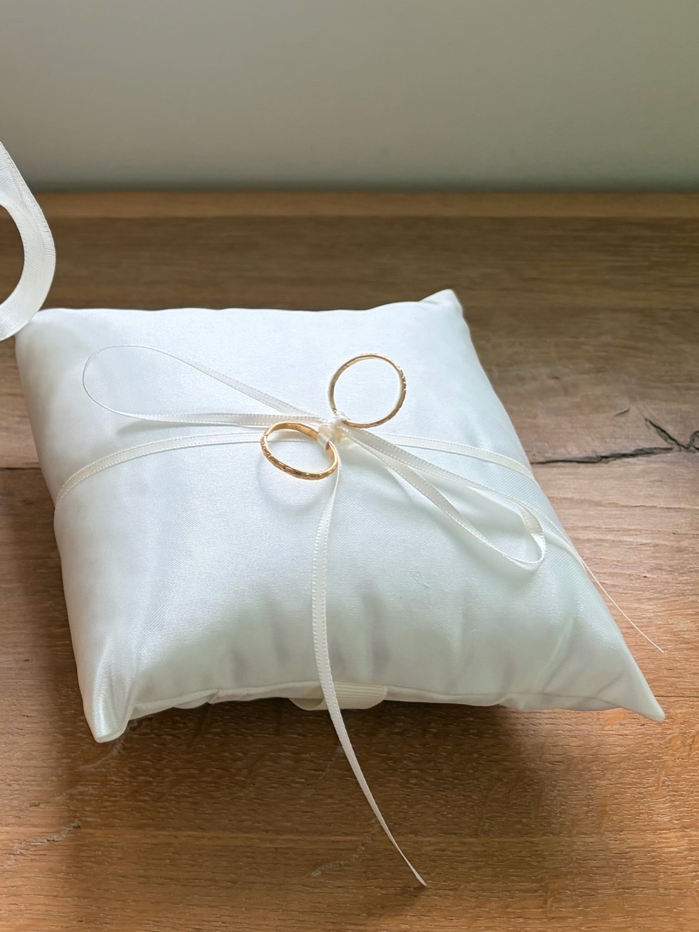6X6 Modern Ivory Satin Ring Bearer Pillow w Ribbon and Faux Gold Rings